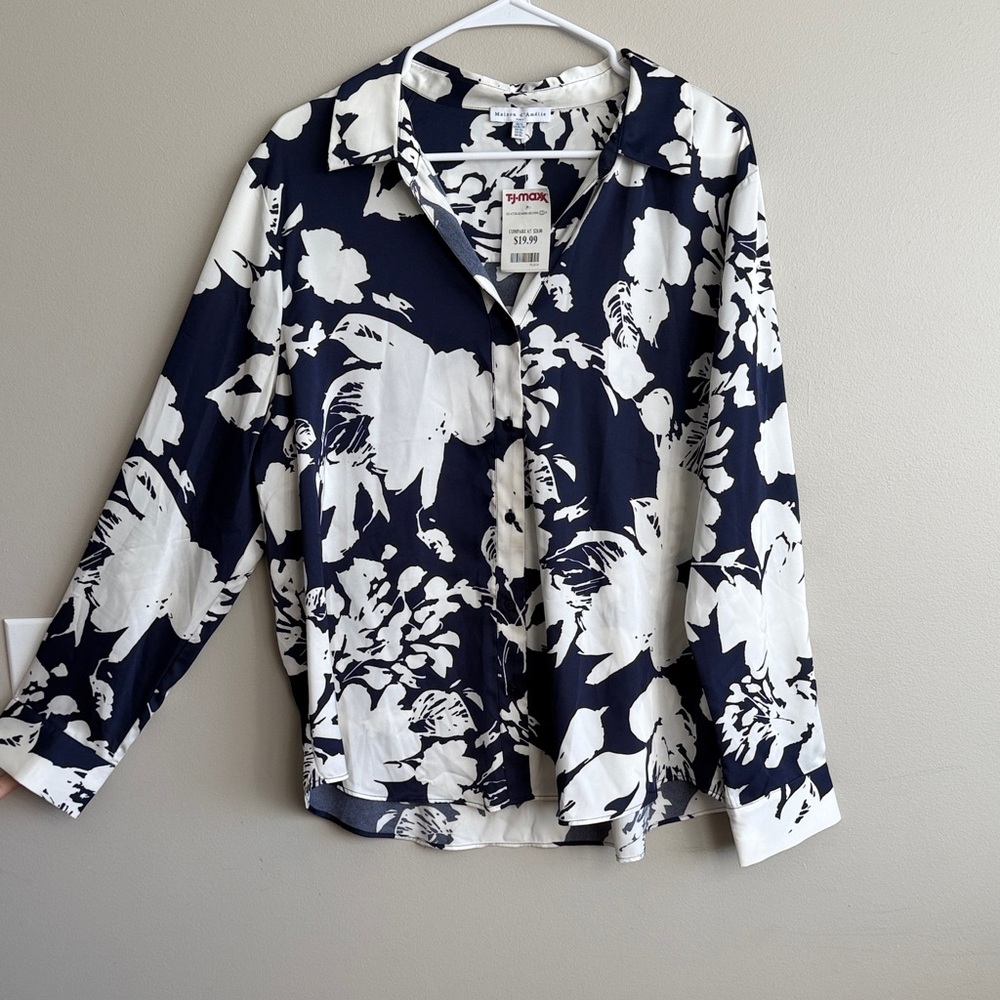 Floral Print Women's Top - Navy and White
